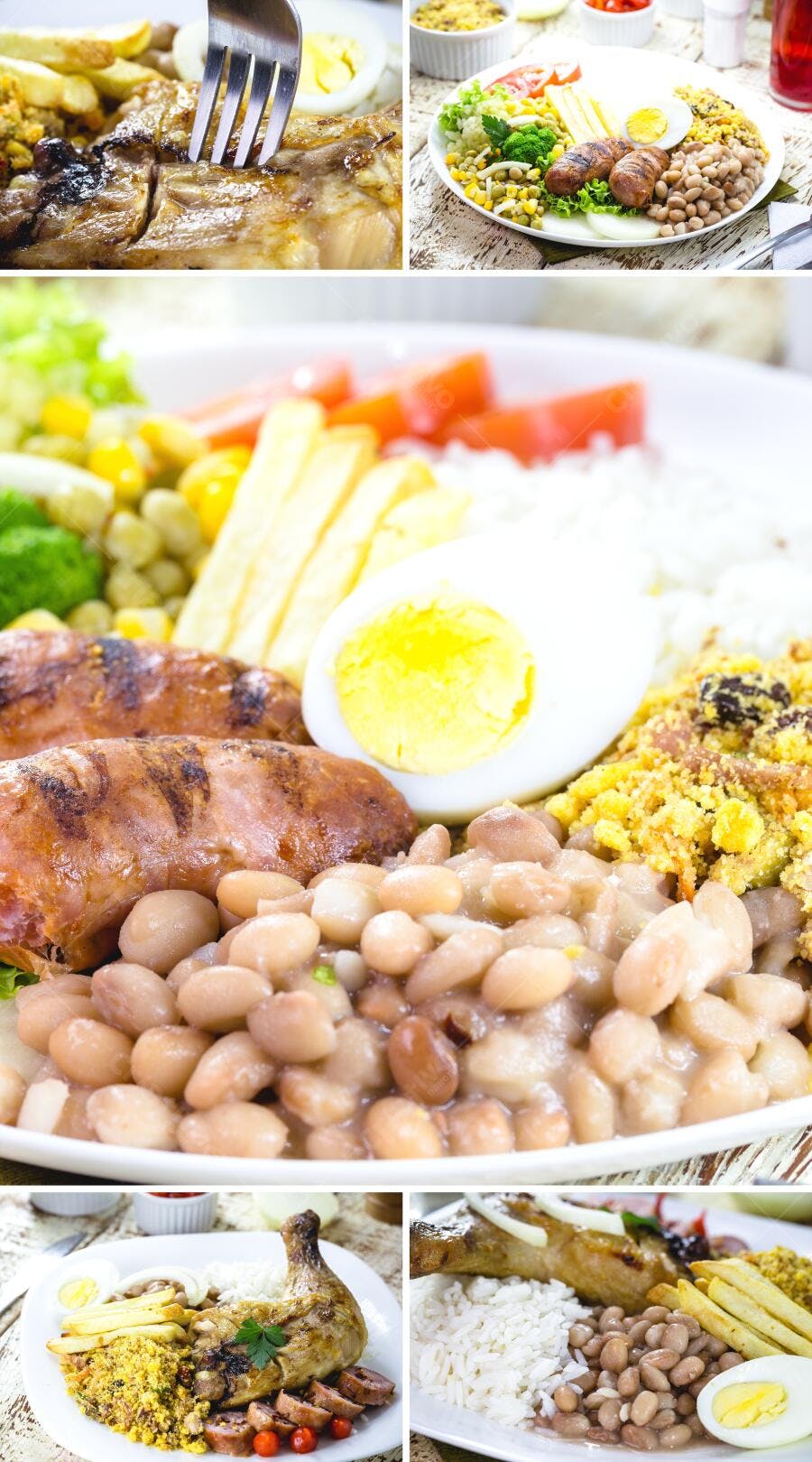 Refeição brasileira com frango grelhado linguiça feijão arroz e salada fresca