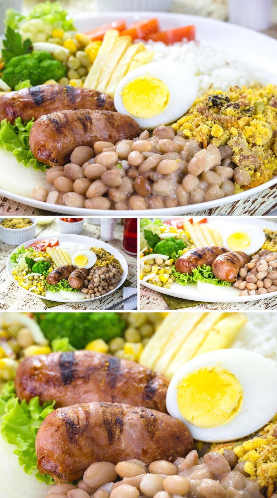 Prato de linguiça feijão arroz farofa ovo e batata frita refeição brasileira completa