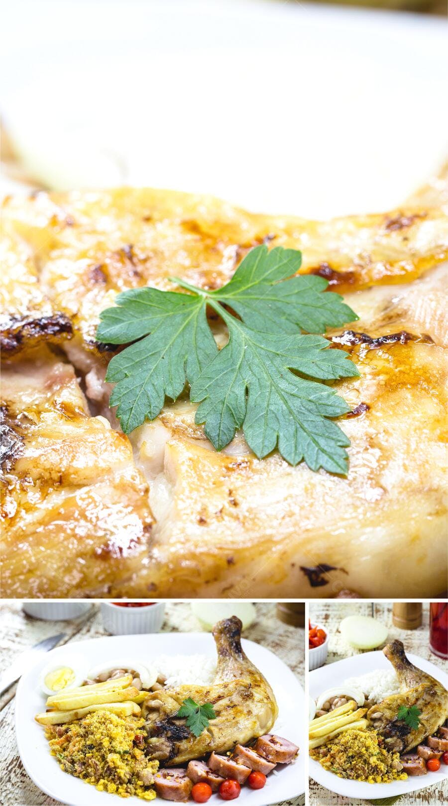 Prato de frango grelhado com arroz feijão farofa batata frita linguiça em prato branco