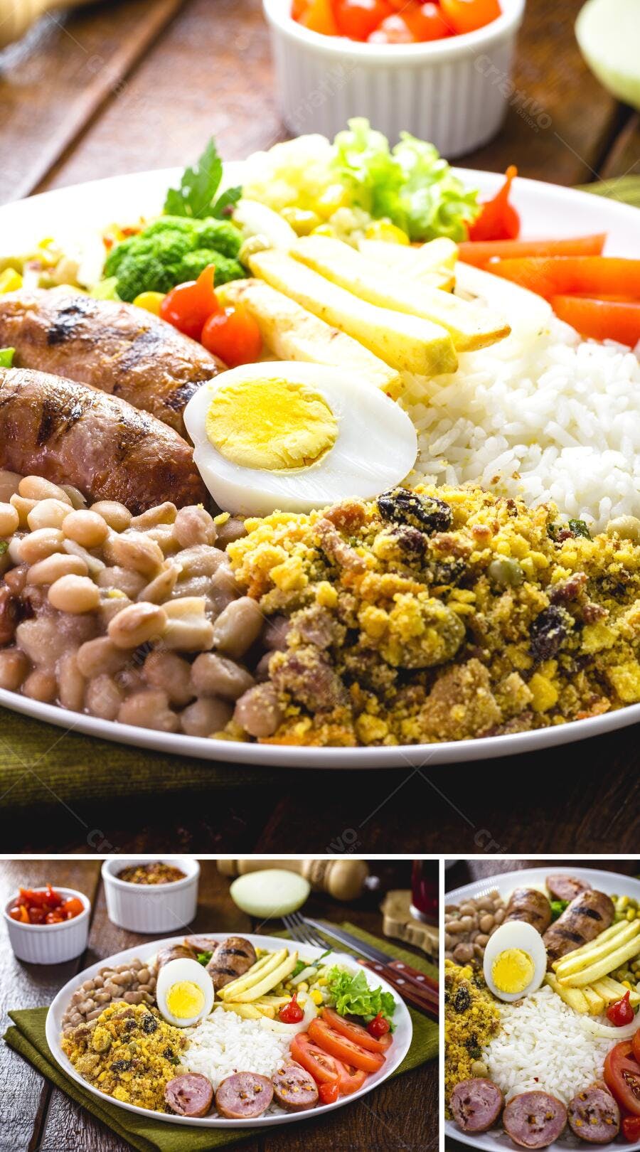 Prato de comida brasileira com linguiça, ovo, feijão, arroz e farofa em mesa de madeira