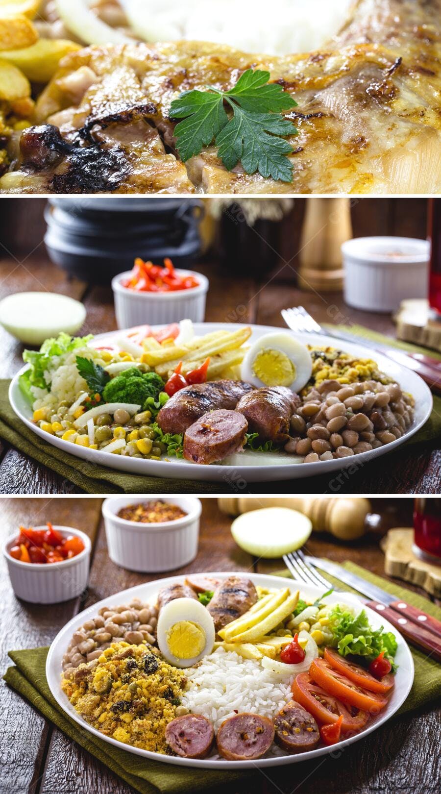 Prato executivo brasileiro com frango, linguiça, arroz, feijão e salada colorida