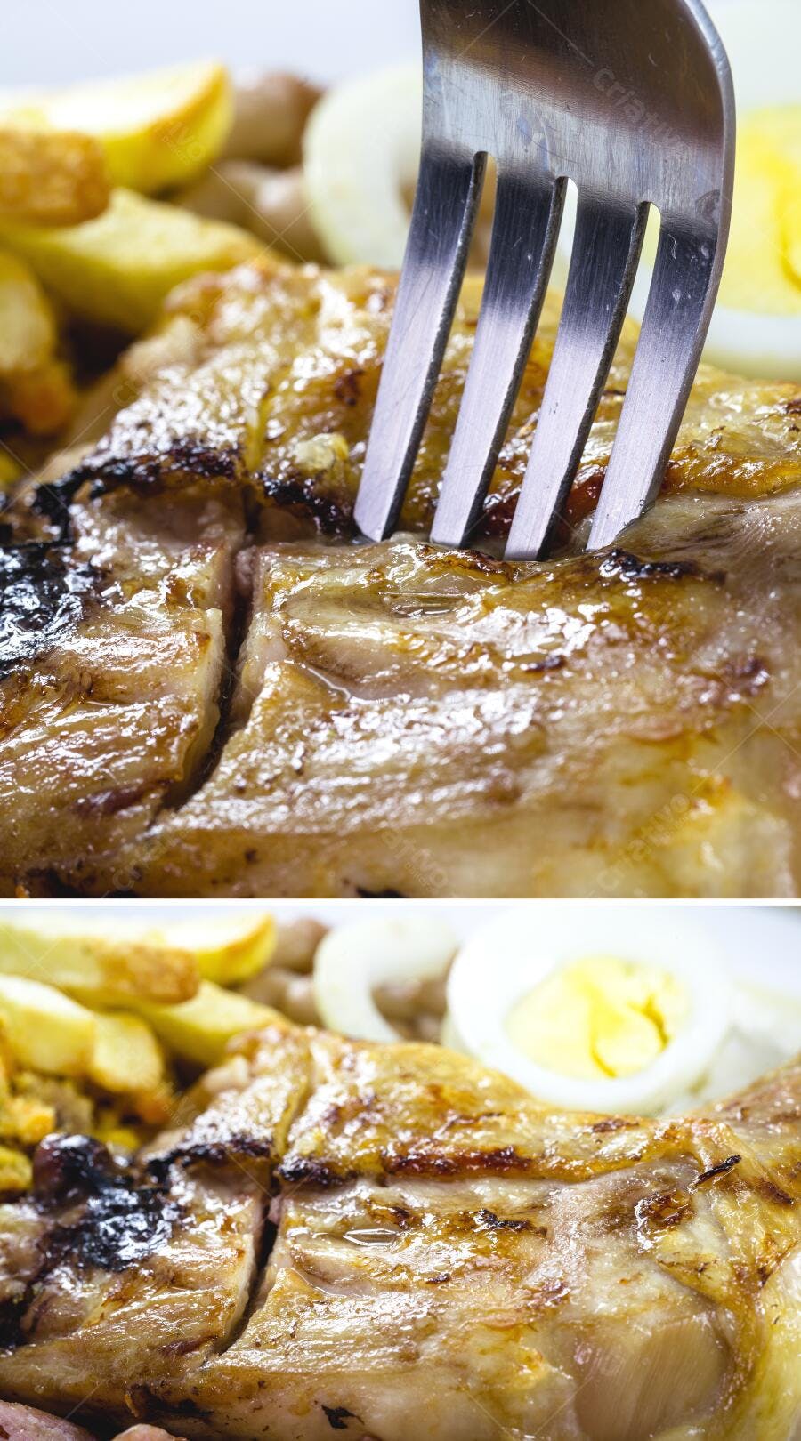 Peixe grelhado com batatas fritas e ovo cozido garfo espetando
