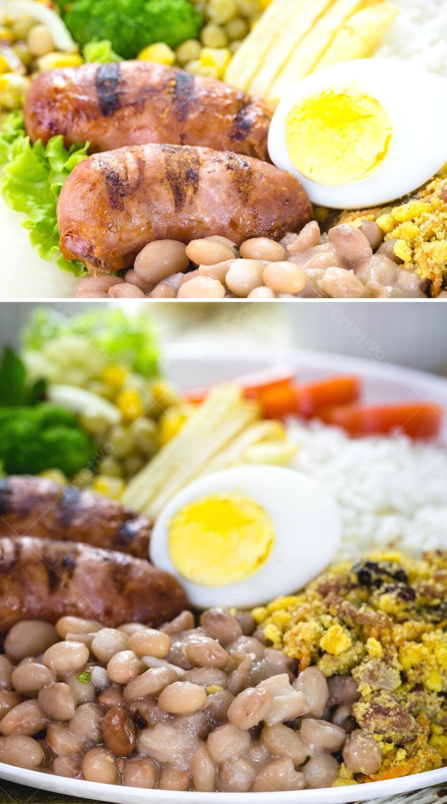 Comida brasileira linguiça grelhada feijão branco ovo cozido arroz e farofa caseira