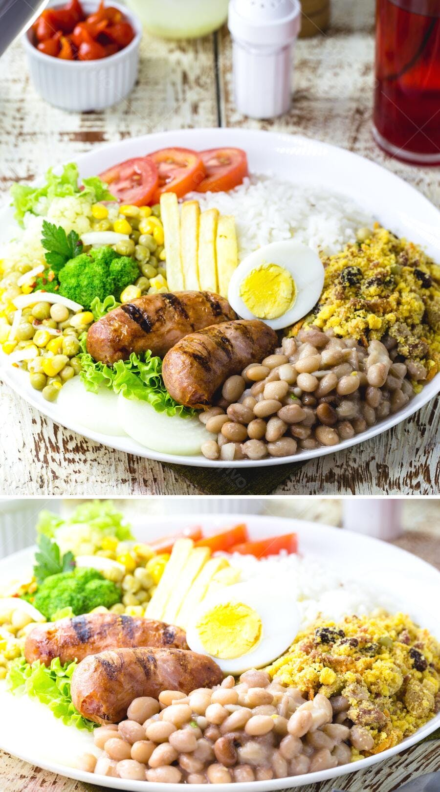 Prato completo de comida brasileira com linguiça feijão arroz farofa e salada fresca