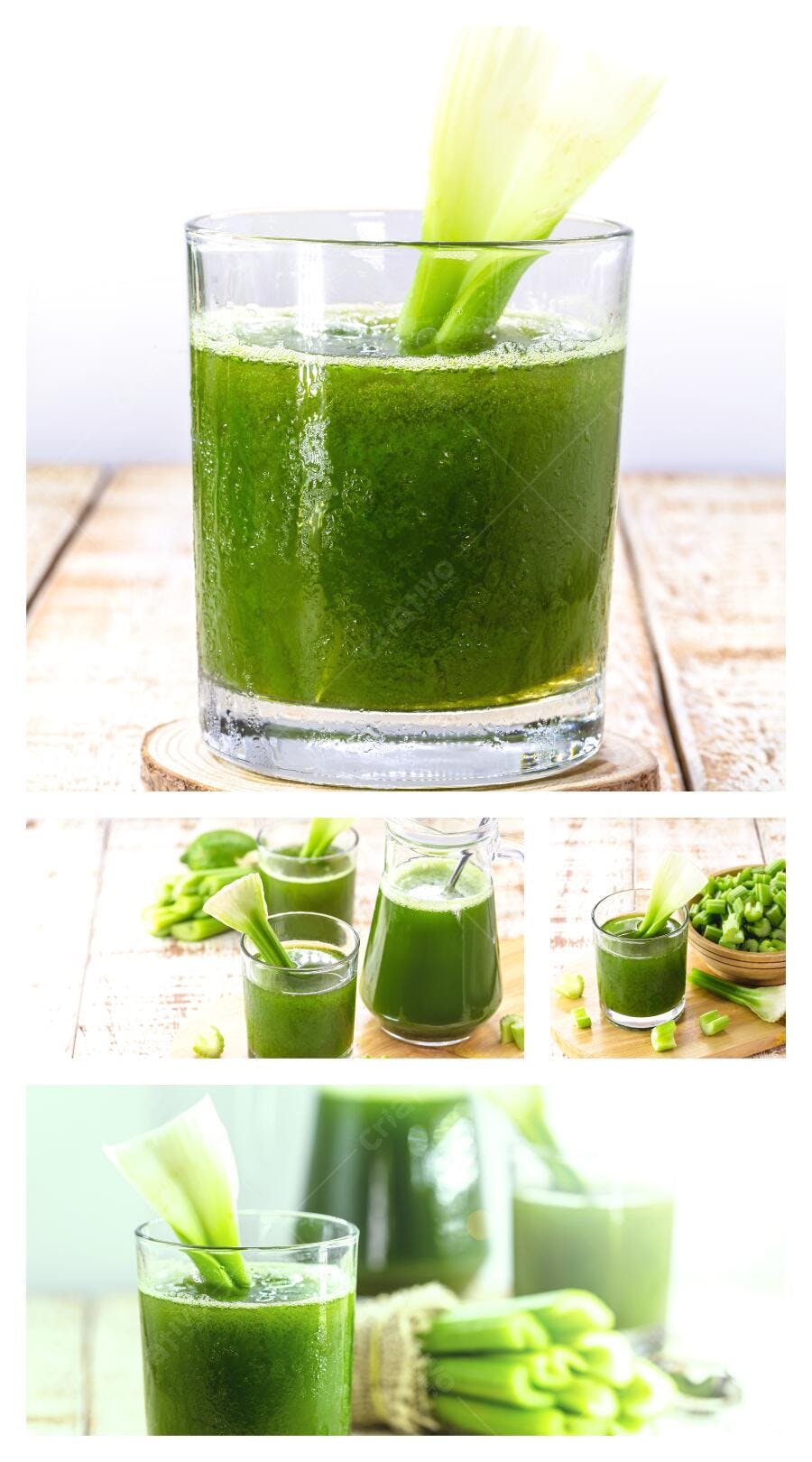 Suco verde fresco com aipo em copo sobre madeira para detox e saúde