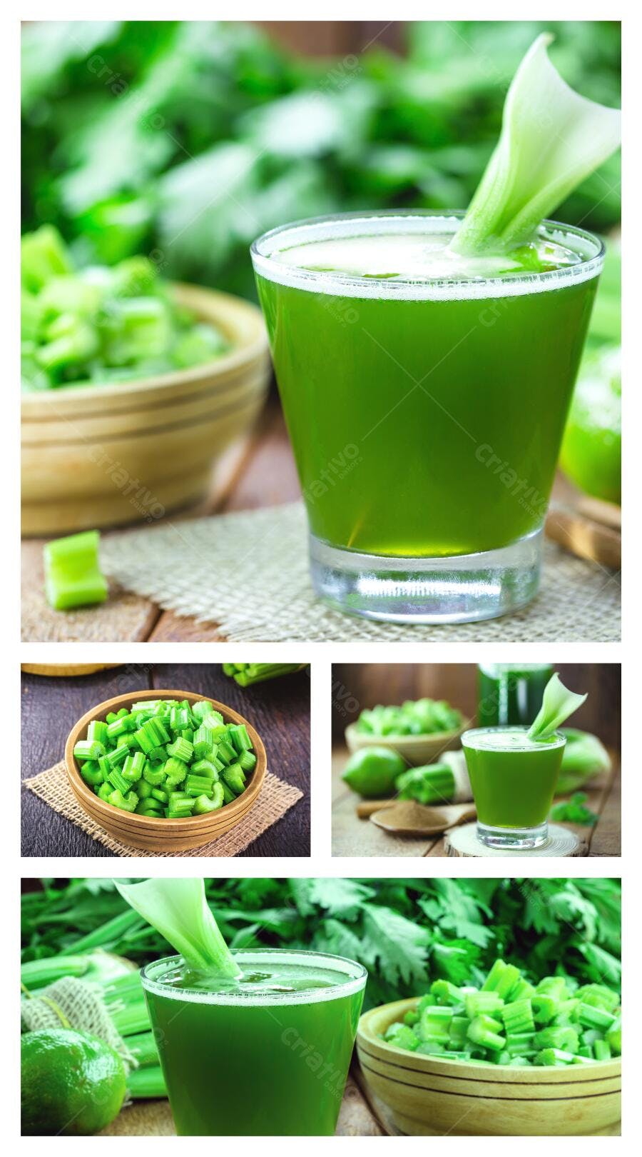 Suco verde vibrante com aipo fresco em mesa rústica de madeira