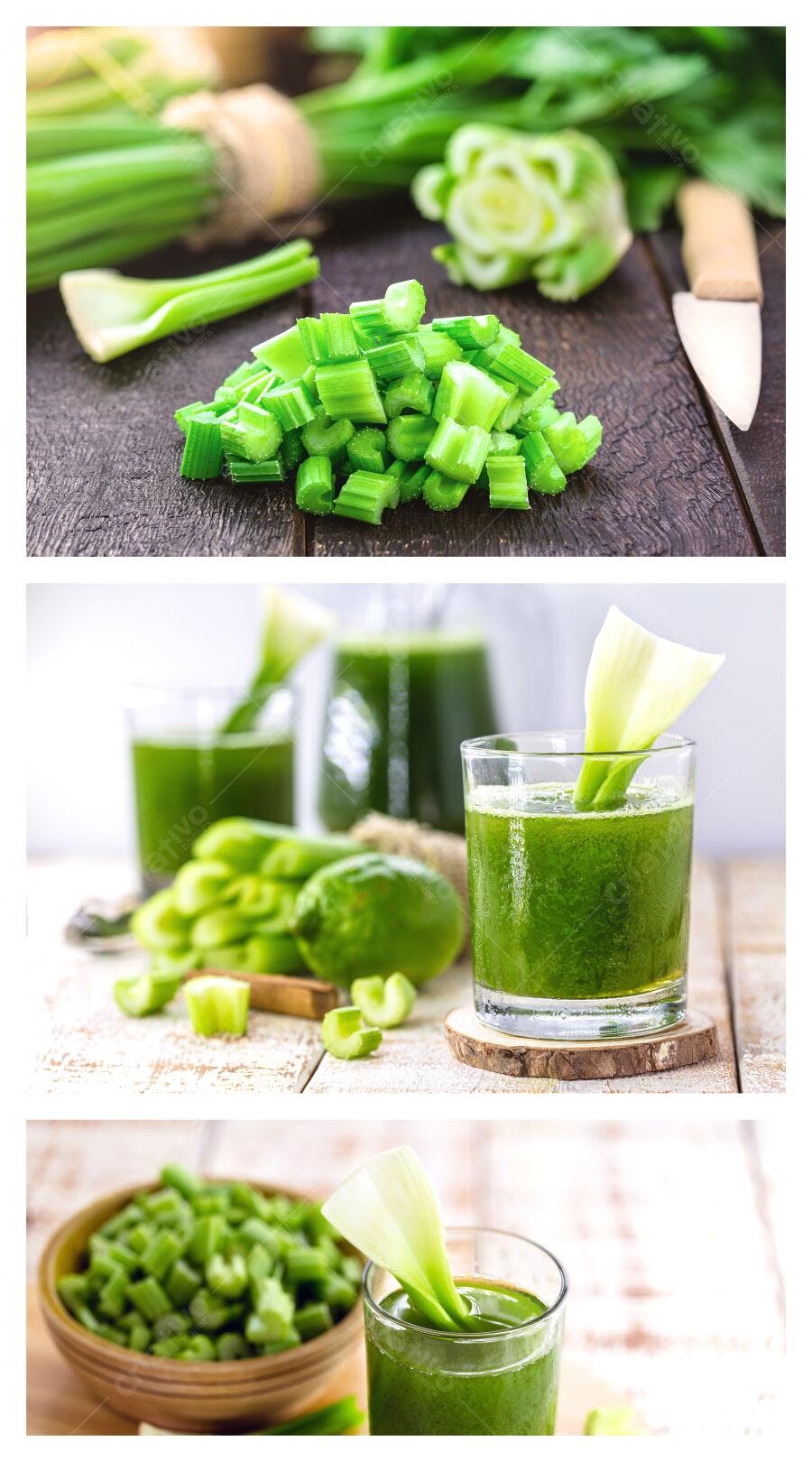 Suco verde de aipo fresco com talos picados em mesa rústica de madeira