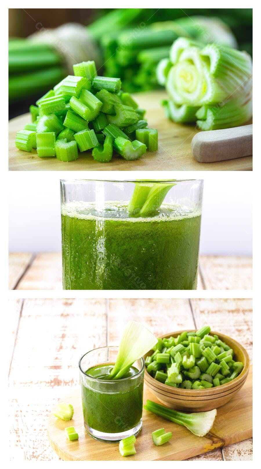 Aipo fresco picado e suco verde saudável em tábua de madeira