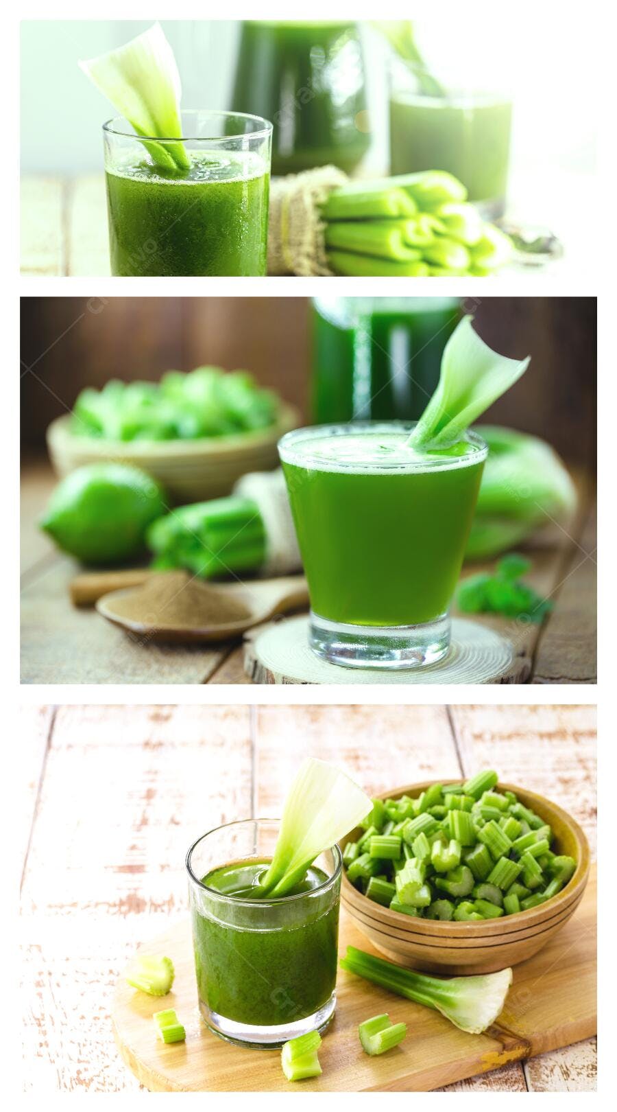 Suco verde de aipo fresco em copo com talo na mesa de madeira