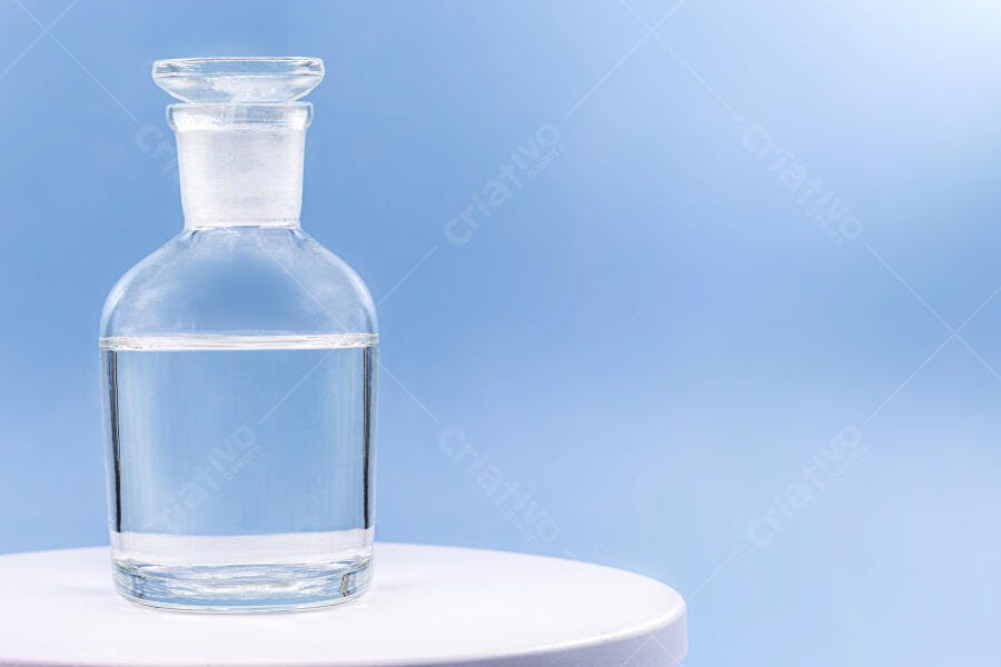 Frasco de vidro transparente com líquido claro em laboratório azul