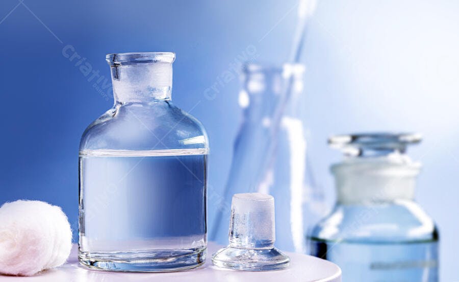 Frasco de vidro com líquido transparente e tampa em laboratório azul