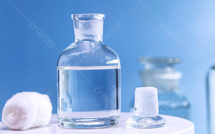 Frasco de reagente com algodão e líquido branco em laboratório azul