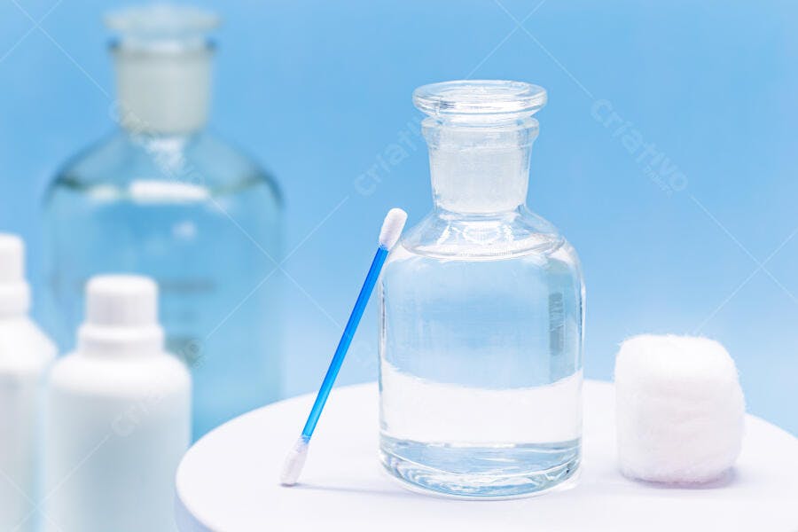 Garrafa de vidro com líquido transparente, cotonete azul e algodão em fundo azul claro
