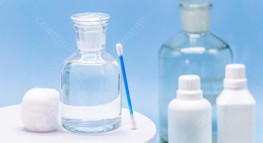 Frasco de vidro com líquido transparente algodão e cotonete azul claro