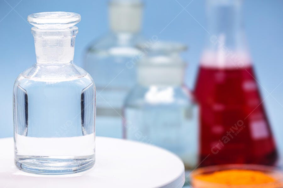 Frasco de reagente com líquido transparente em laboratório fundo azul