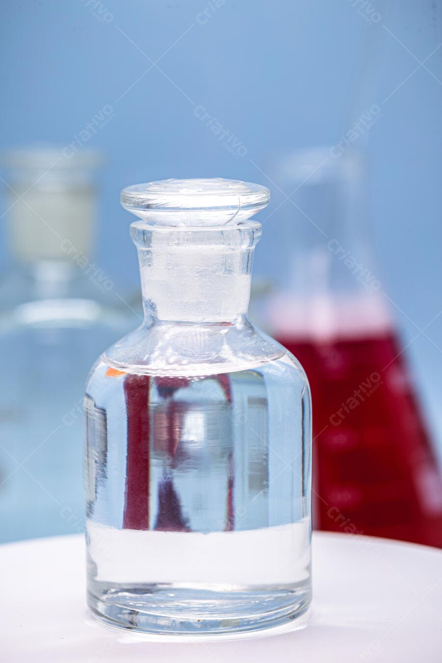 Frasco de vidro com líquido transparente em laboratório azul