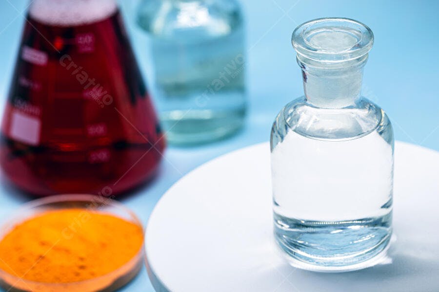 Frasco de laboratório com líquido transparente e reagentes químicos coloridos