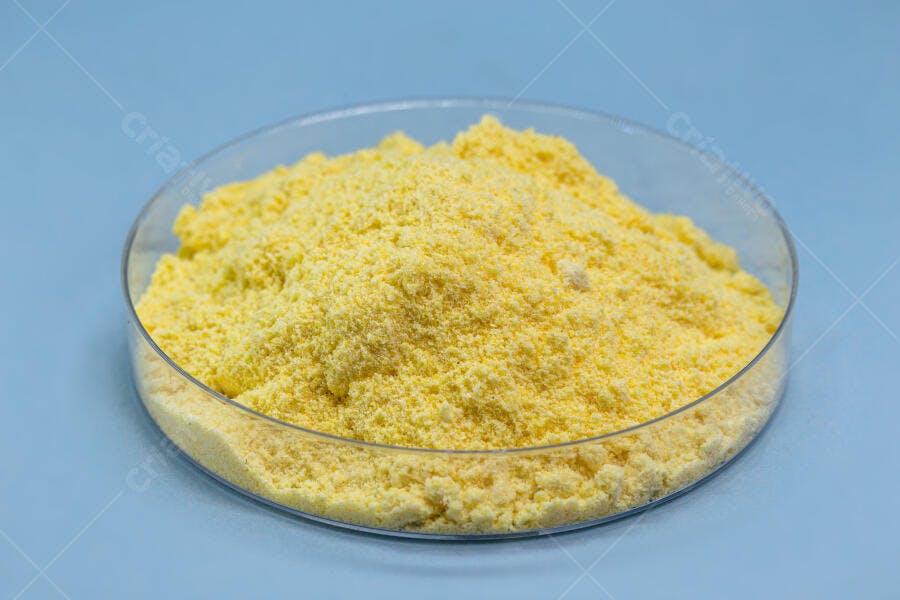 Pó amarelo granulado em placa de petri fundo azul claro laboratório