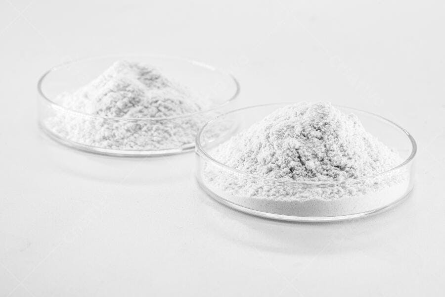 Pó branco granulado em duas placas de Petri sobre fundo branco limpo para pesquisa científica