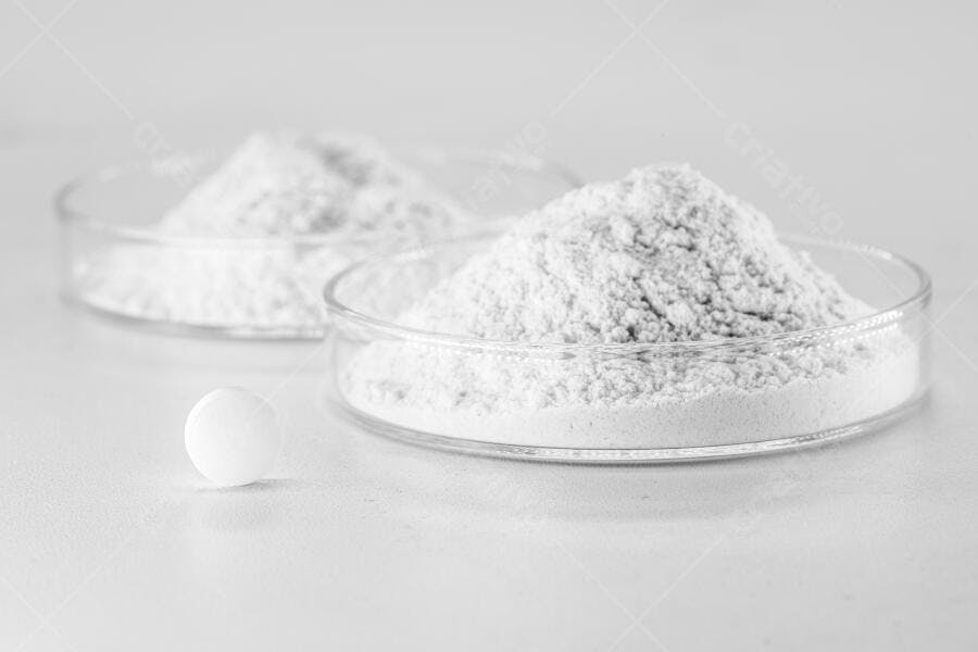 Pó branco e comprimido em placa de petri ambiente de laboratório
