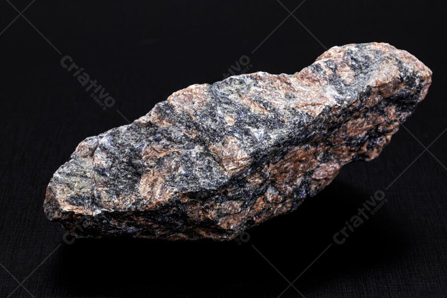 Rocha geológica escura com textura marrom e cinza em fundo preto