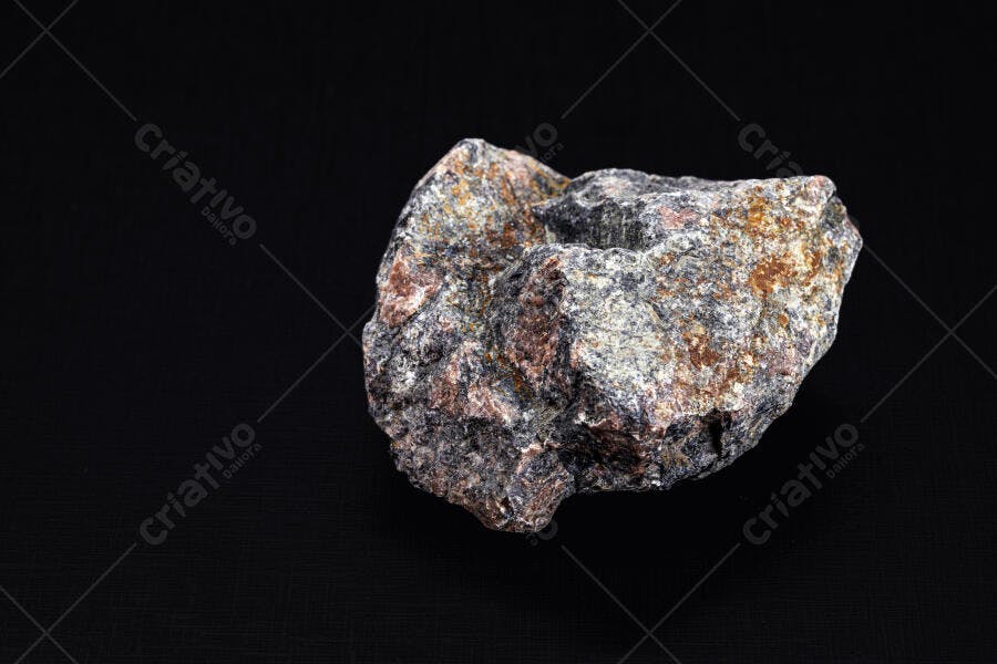 Rocha mineralizada com cinza e marrom em fundo escuro