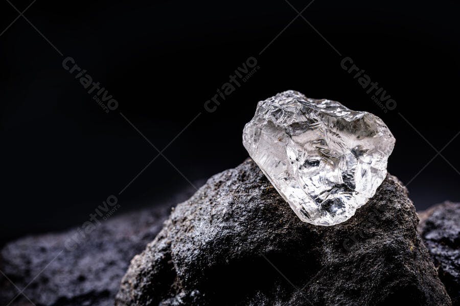 Diamante bruto transparente sobre rocha vulcânica escura fundo preto
