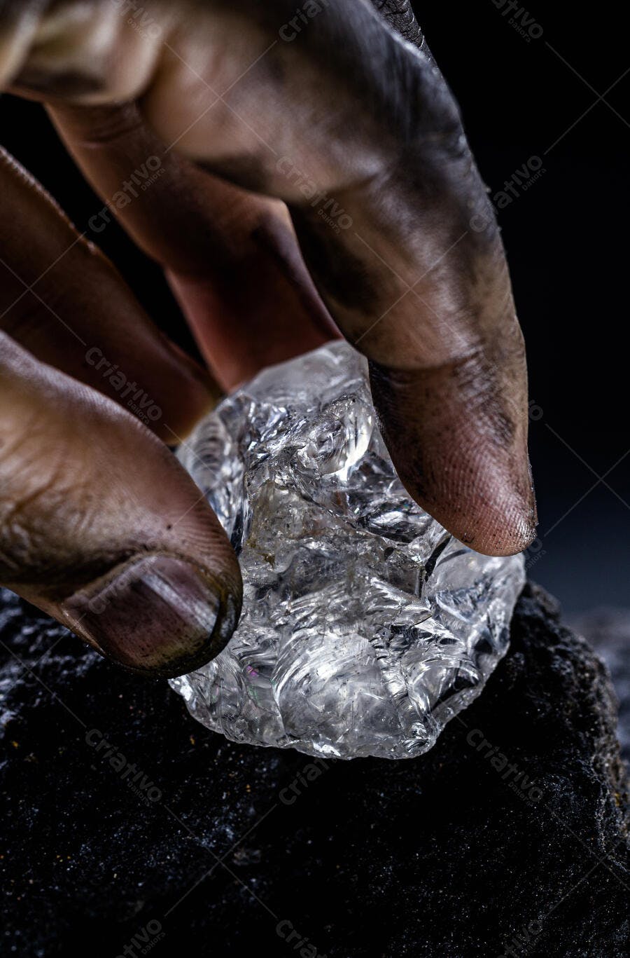 Diamante bruto transparente nas mãos sujas de minerador sobre rocha escura