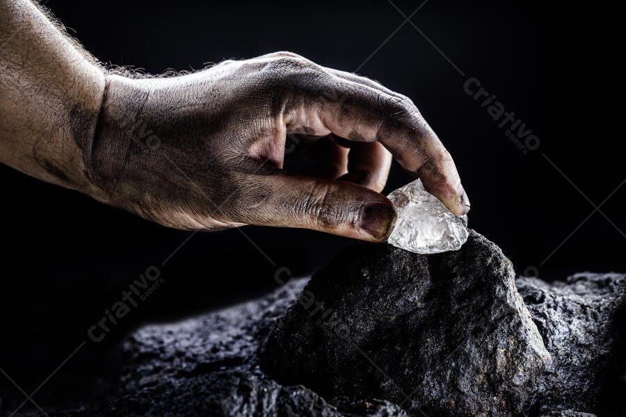 Mão de minerador segurando diamante bruto sobre rocha escura