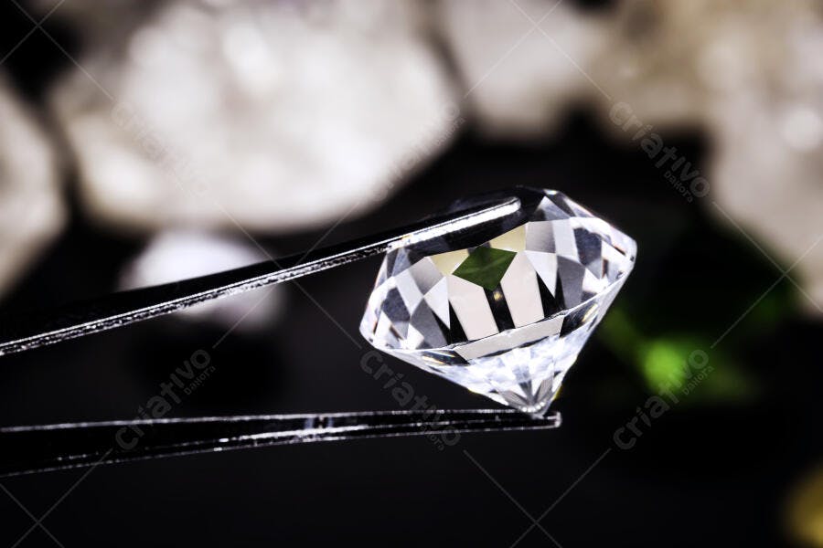 Diamante lapidado sendo inspecionado por pinça de joalheiro em fundo escuro