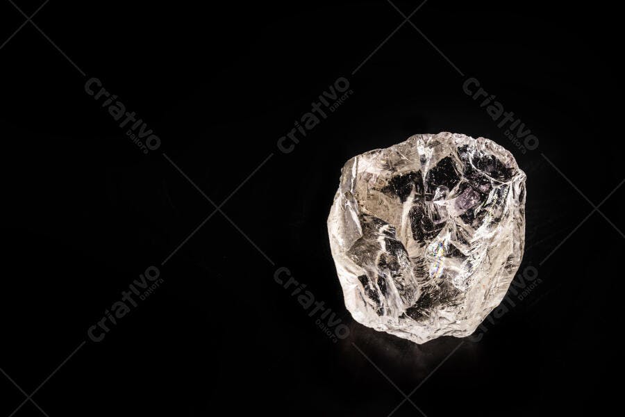 Cristal bruto transparente em fundo preto com reflexos coloridos