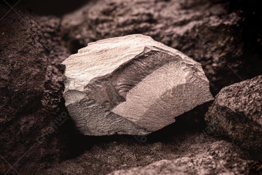 Pedra de carvão mineral bruto com textura áspera em fundo escuro