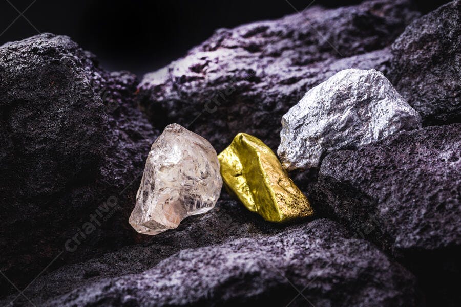 Minerais ouro prata e diamante bruto em rochas escuras