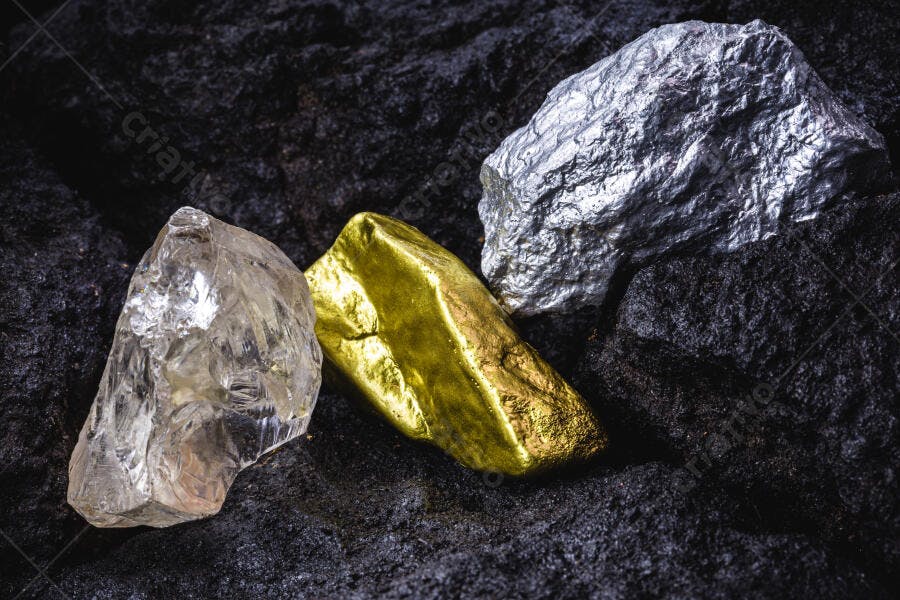 Ouro prata e diamante bruto sobre rocha escura minerais preciosos valiosos