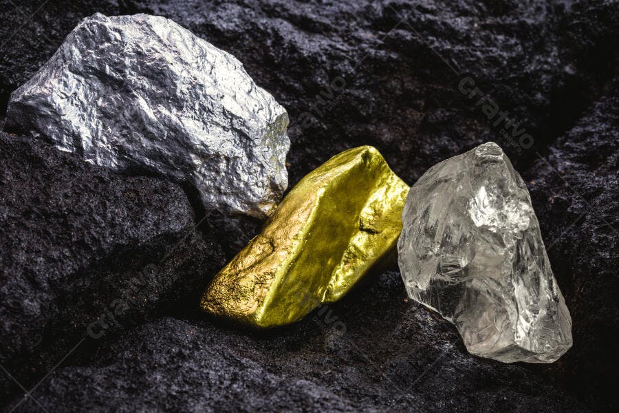 Minerais preciosos ouro prata e cristal em rocha escura