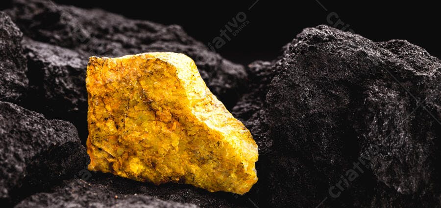Minério de urânio amarelo brilhante sobre rochas escuras