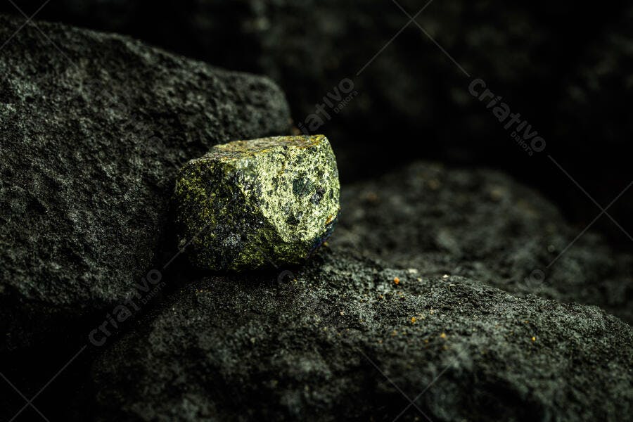 Fragmento mineral metálico amarelo-esverdeado em superfície rochosa escura