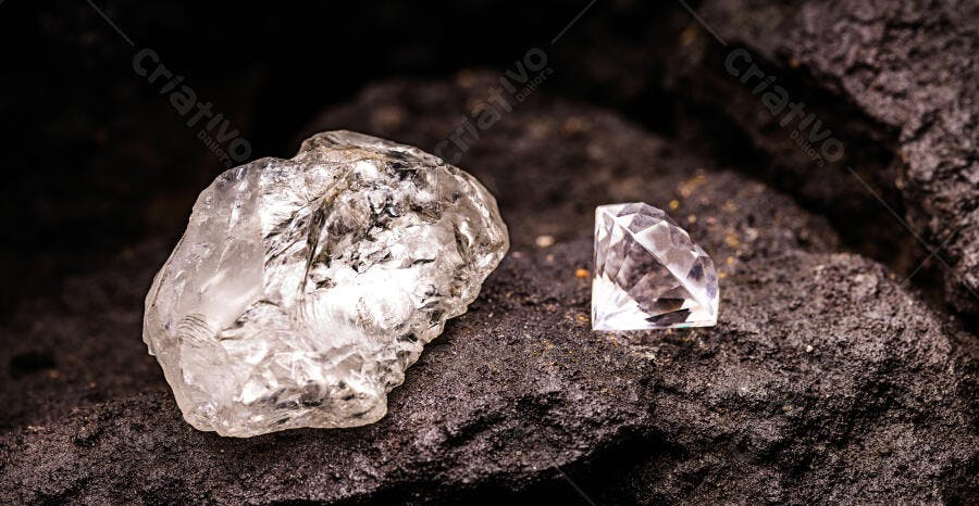 Diamante bruto e lapidado sobre rocha escura mineral