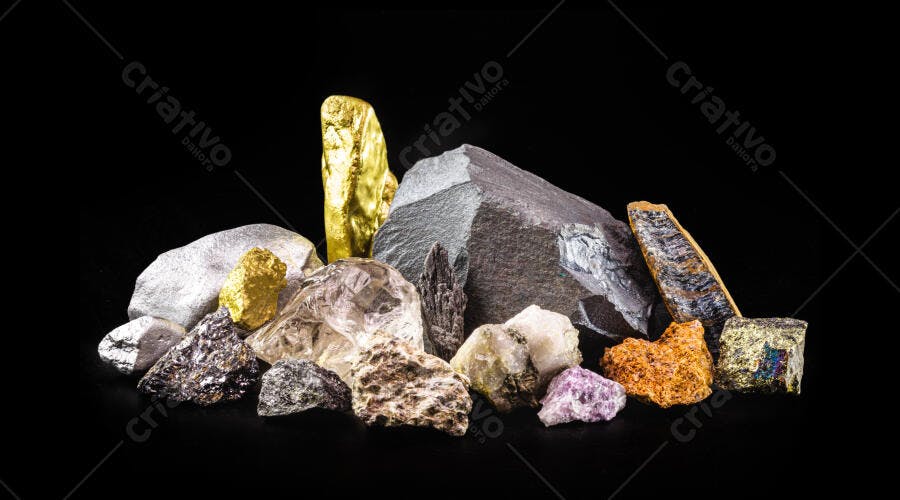 Minerais e metais preciosos diversos em estúdio preto