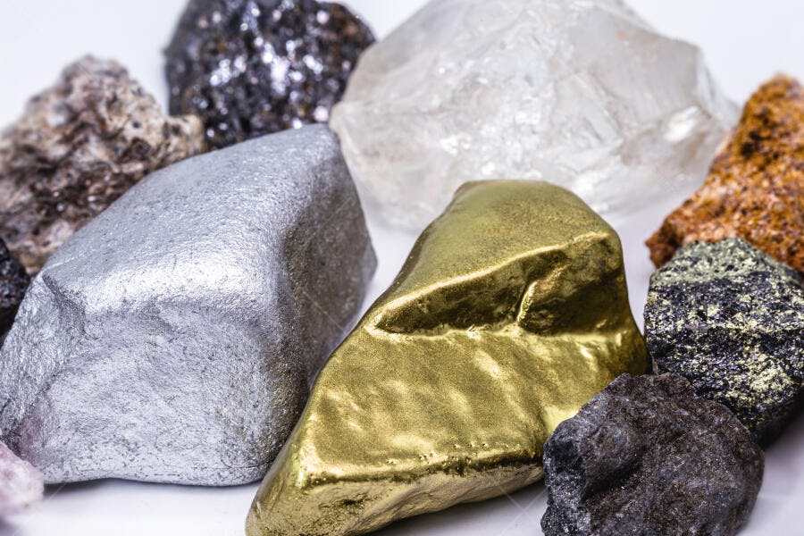 Minerais brutos de ouro, prata e quartzo em estúdio branco