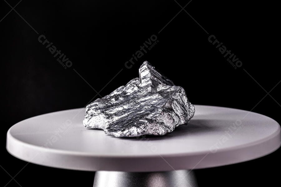Mineral metálico prateado em pedestal branco contra fundo escuro
