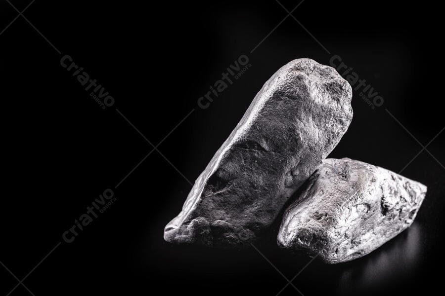 Minério de metal bruto cinza e prateado em fundo preto