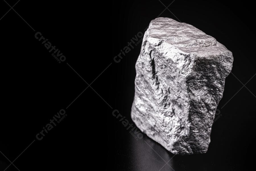 Bloco de metal bruto cinza prateado em fundo escuro