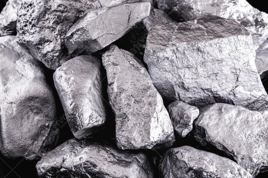 Minério de prata ou metal bruto pilha de rochas prateadas irregulares
