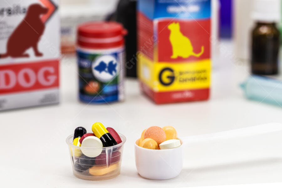 Suplementos e medicamentos para animais de estimação em dosadores brancos