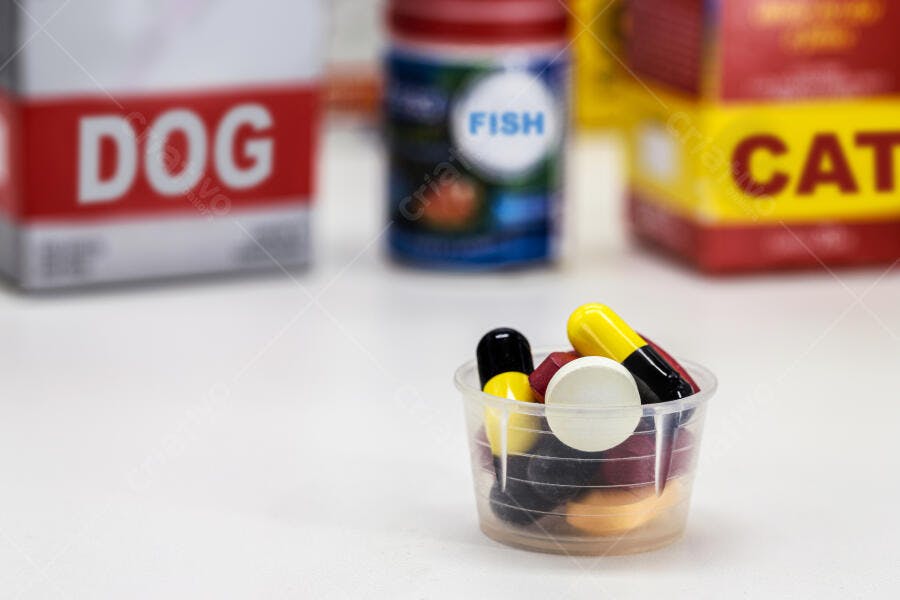 Pílulas coloridas para animais em copo dosador com embalagens pet food desfocadas