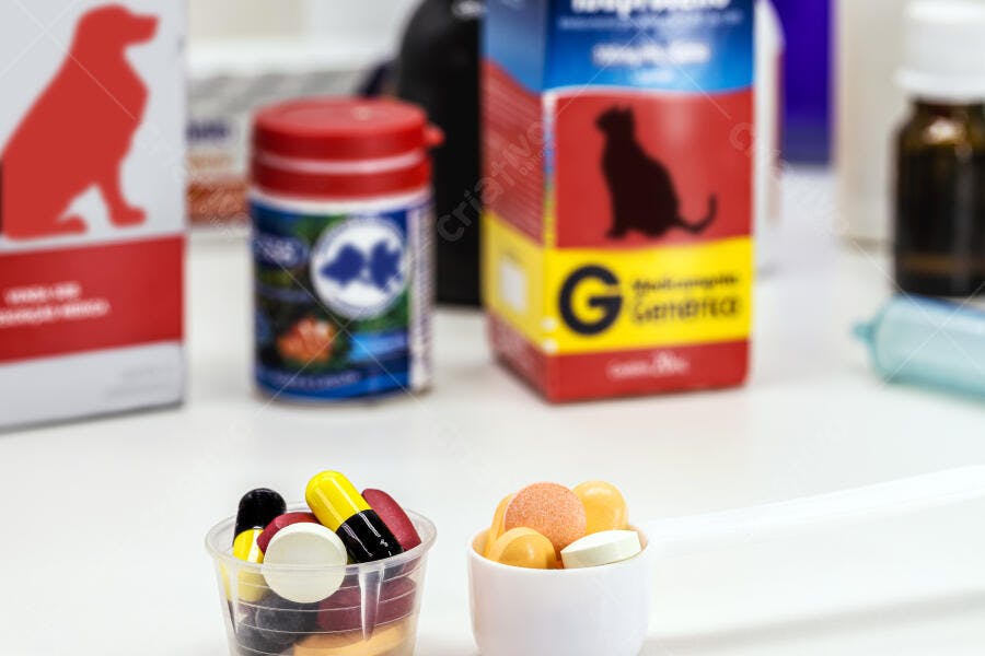 Vitaminas e cápsulas coloridas para pets em colher dosadora com produtos veterinários ao fundo