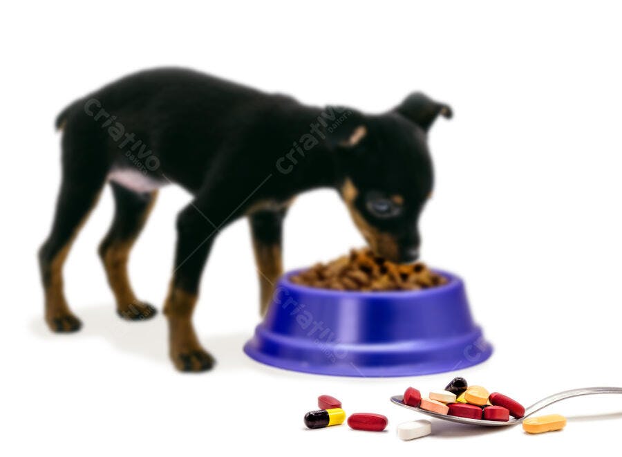 Filhote pinscher preto e marrom comendo ração em tigela azul e pílulas coloridas