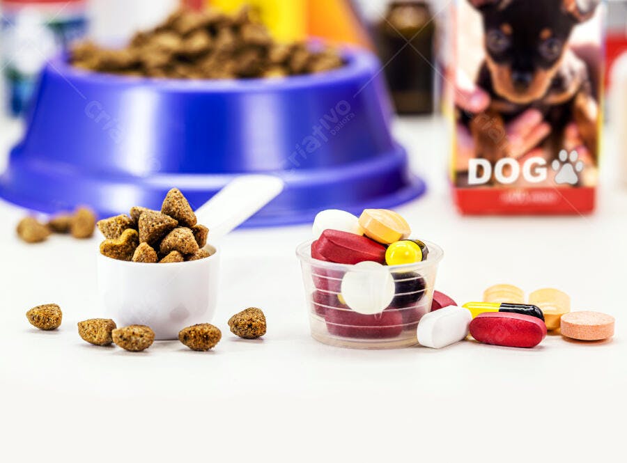 Suplementos e ração para cães em colheres sobre fundo branco cuidados pet