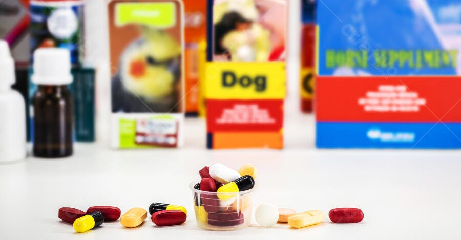 Pílulas coloridas em copo dosador e espalhadas com embalagens de suplementos para pets no fundo